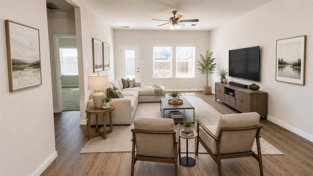 1317 crookpost Drive, Princeton, TX 75407 Spacious living area featuring wood-finish flooring, light-toned walls, and abundant natural light from multiple windows