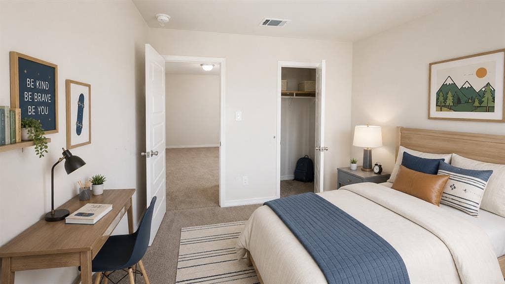 1317 crookpost Drive, Princeton, TX 75407 Bedroom featuring light-toned walls, carpet flooring, and a built-in closet with shelving