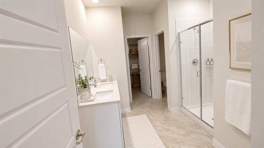 1317 crookpost Drive, Princeton, TX 75407 Bathroom featuring a dual vanity with undermount sinks, a frameless glass shower enclosure with white subway tile, and light-toned floor tiling