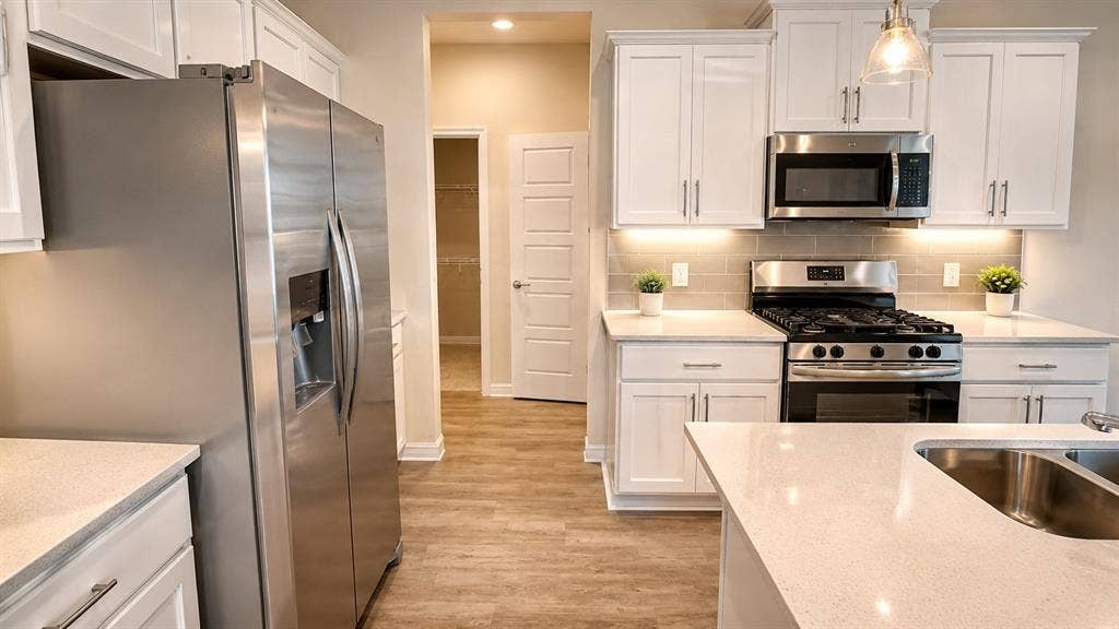 1317 crookpost Drive, Princeton, TX 75407 Contemporary kitchen featuring white shaker cabinetry, stainless steel appliances, light-toned countertops, and wood-finish flooring