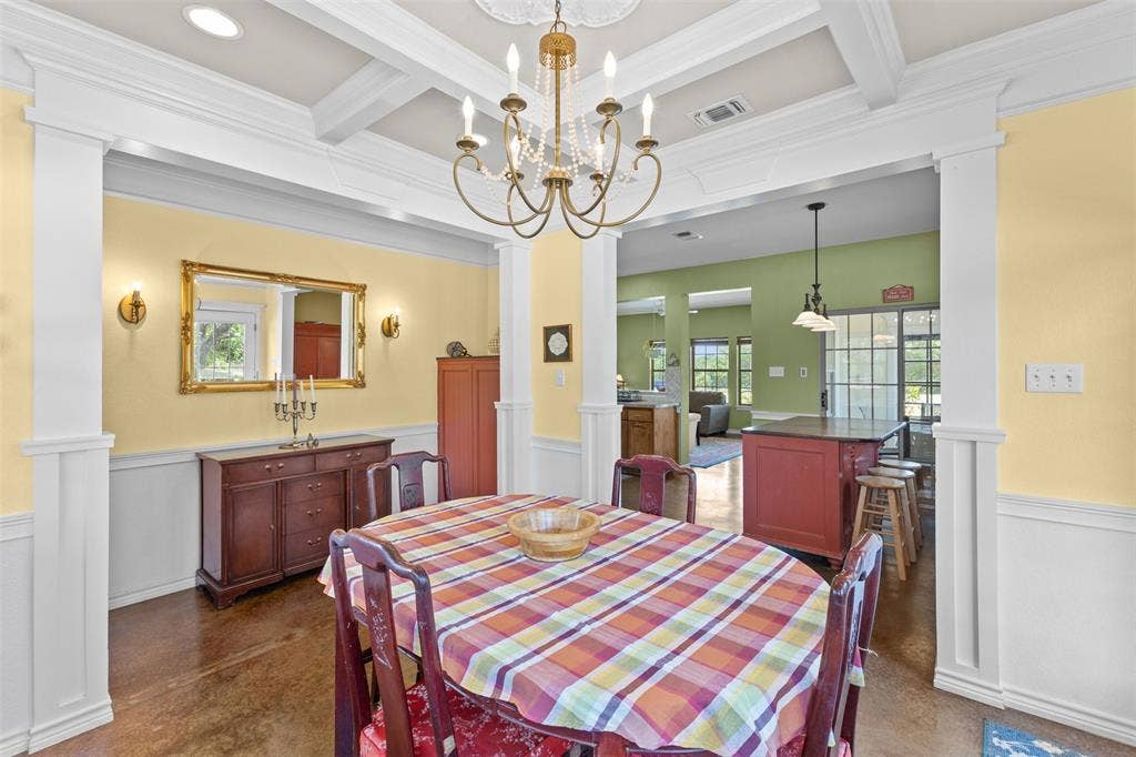 325 Bolton Road, Granbury, TX 76049 Coffered ceiling with recessed lighting and chandelier