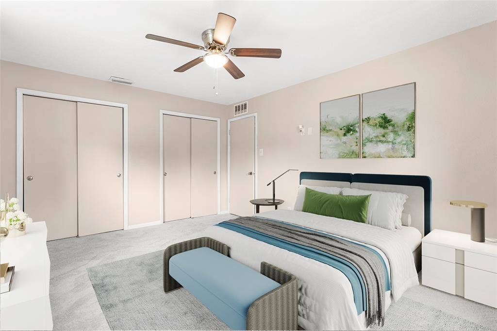 6930 Trailcrest Drive, Dallas, TX 75232 Virtually Staged Carpeted room with a ceiling fan, two bi-fold closet doors, and recessed lighting