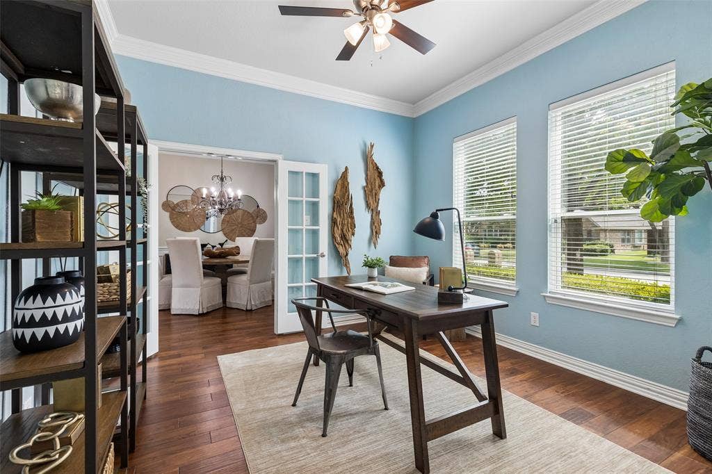7975 Bishop Drive, Frisco, TX 75036 Dedicated office with engineered hardwood floors and French doors.