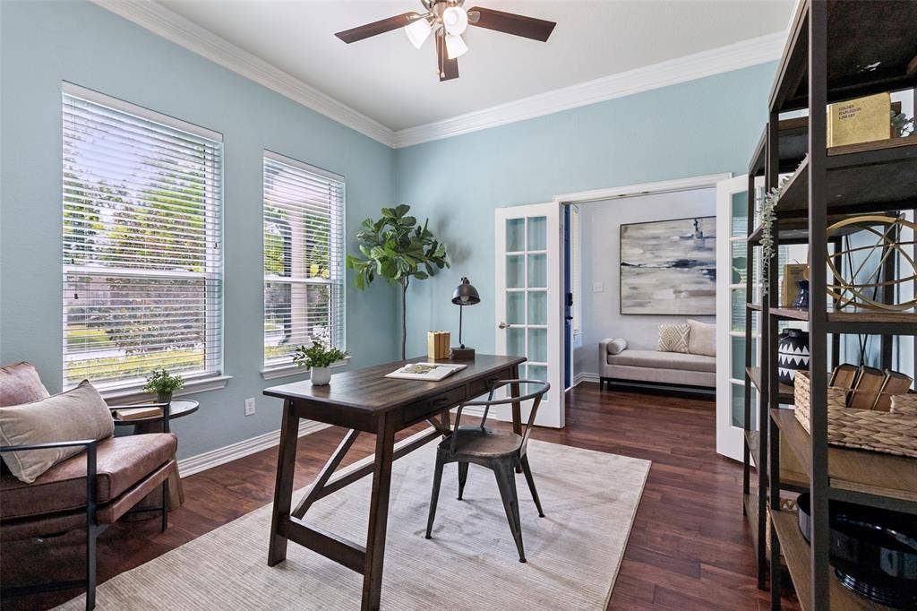 7975 Bishop Drive, Frisco, TX 75036 Dedicated office with engineered hardwood floors and French doors.