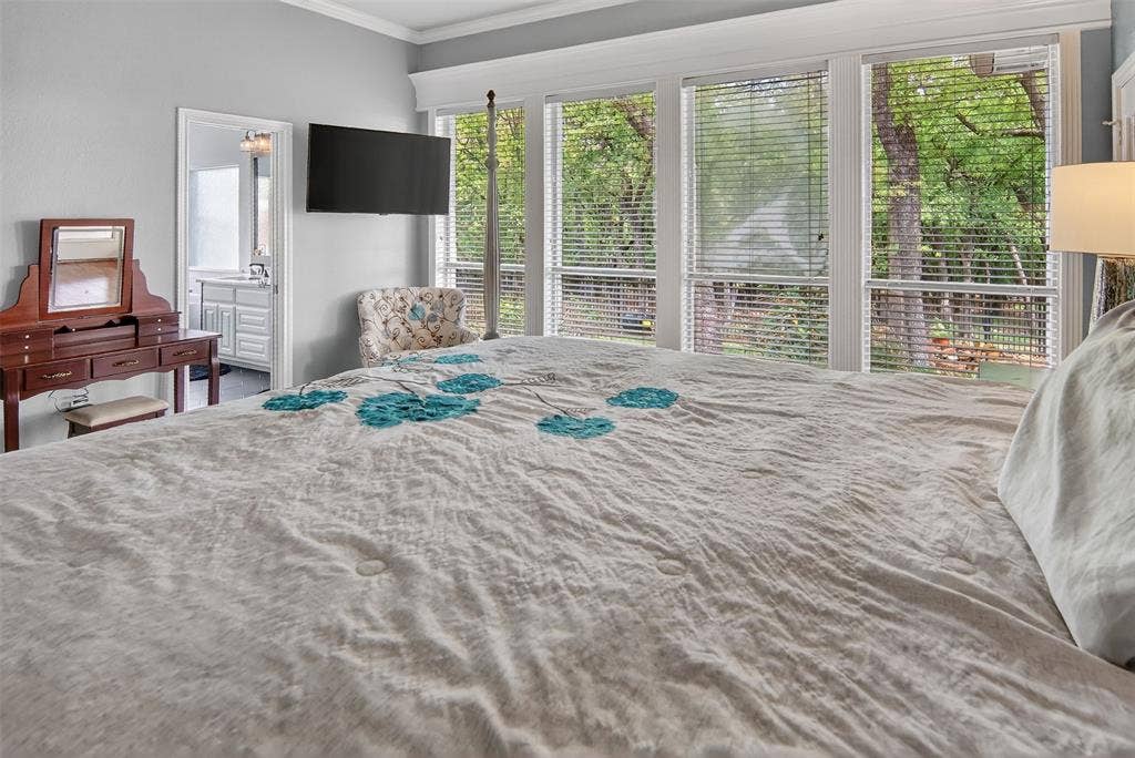 1202 Forest Park Drive, Weatherford, TX 76087 Large primary bedroom with a wall of windows overlooking lovely backyard.