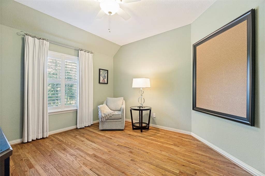 1021 Bandelier Drive, Allen, TX 75013 Bedroom #3 upstairs w Hardwood floors, Ceiling Fan, Plantation Shutters