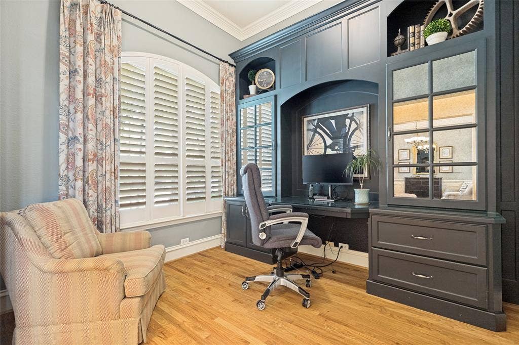 1021 Bandelier Drive, Allen, TX 75013 Beautiful study downstairs with gorgeous custom builtin desk w cabinets and bookshelves, drawers