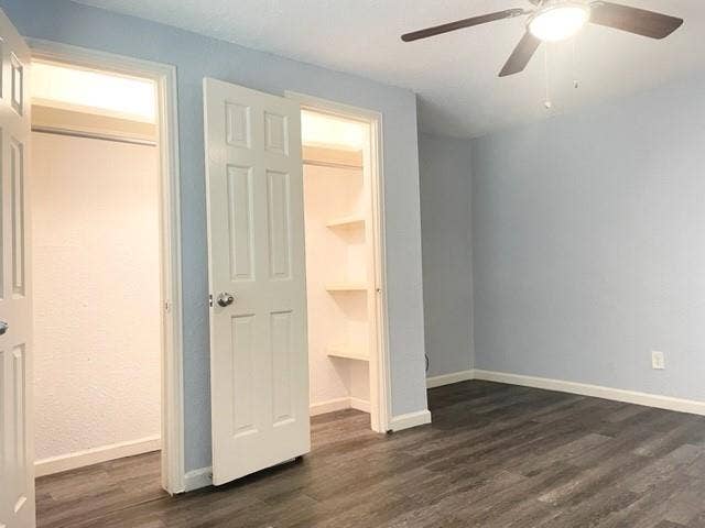 Interior room featuring wood-finish flooring, two white panel doors, and a ceiling fan with integrated lighting