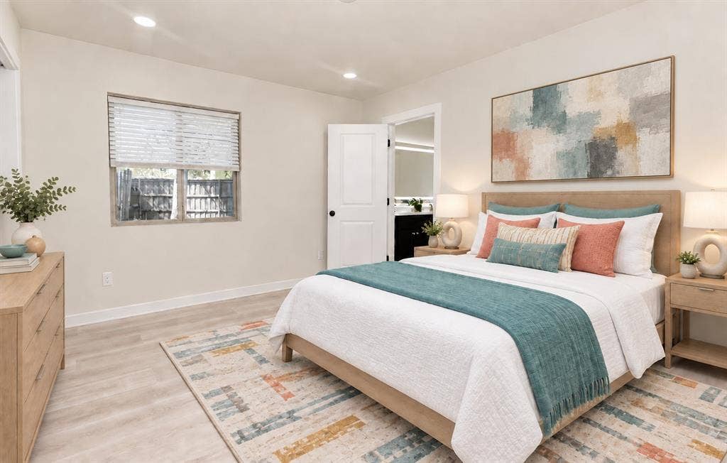 Recessed lighting illuminates the room, featuring light lpv flooring and an ensuite bath