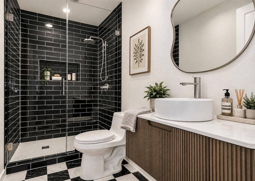Your guests will be enamored with beautiful Glass-enclosed shower with black subway tile surround and integrated niche