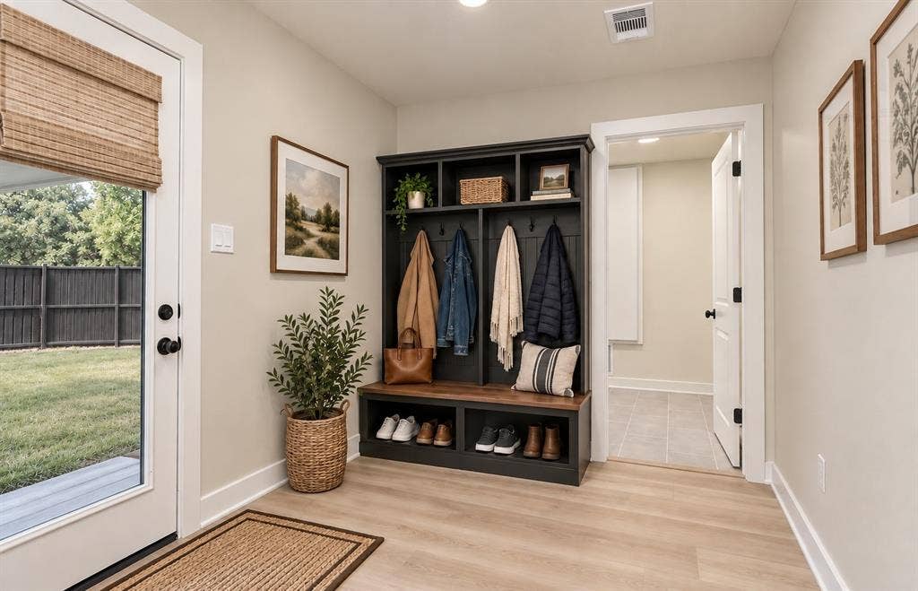 Mud Rooms have practical use with this built-in storage unit and bench seating. Provides easy access to the fully fenced backyard and patio area.