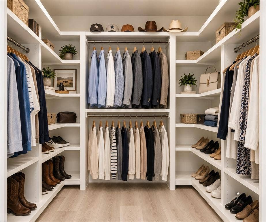 Great walk-in closet system for the Primary Bedroom, featuring multiple hanging rods, extensive shelving, and wood-finish lpv flooring