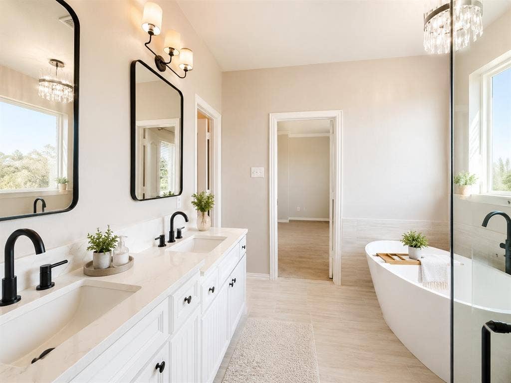 1709 Belton Drive, Prosper, TX 75078 Dual vanity with white cabinetry, matte black fixtures, and framed mirrors