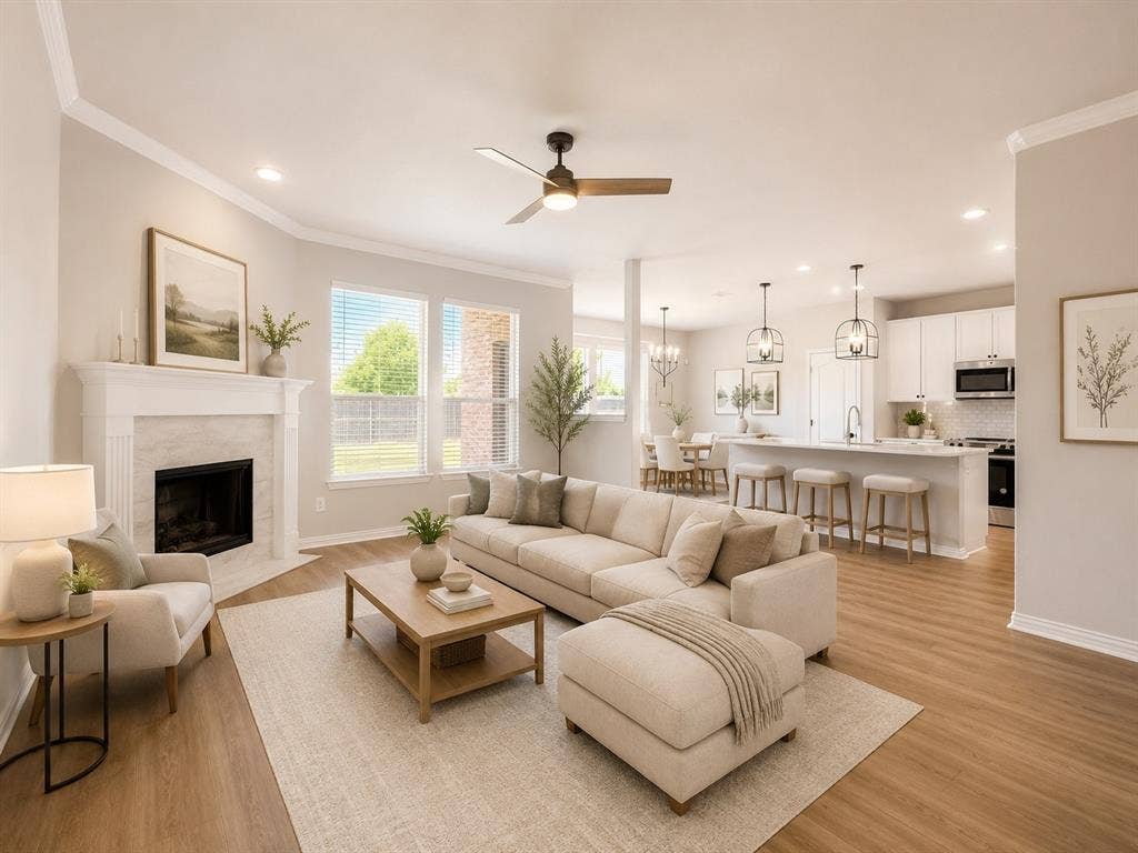 1709 Belton Drive, Prosper, TX 75078 Open-concept living area featuring wood-finish flooring, recessed lighting, and crown molding throughout