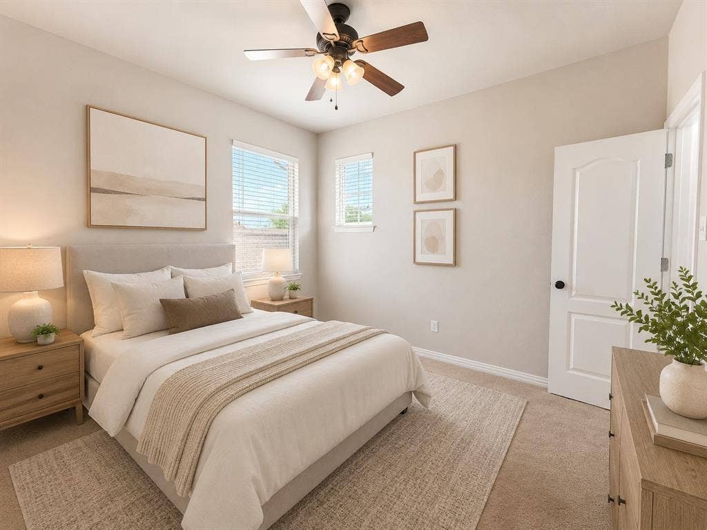 1709 Belton Drive, Prosper, TX 75078 Bedroom featuring carpeting, light-toned wall paint, and a ceiling fan with integrated lighting