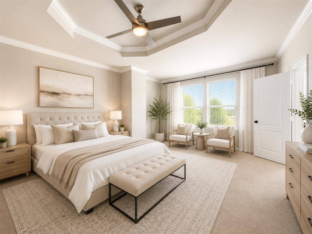 1709 Belton Drive, Prosper, TX 75078 Tray ceiling with crown molding and a contemporary ceiling fan