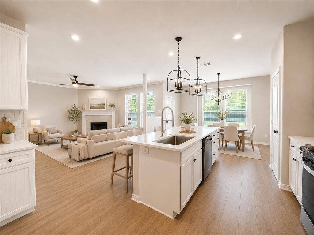 1709 Belton Drive, Prosper, TX 75078 Open-concept living space featuring wood-finish flooring, a white kitchen island with an undermount sink, recessed lighting, and a fireplace with a mantel