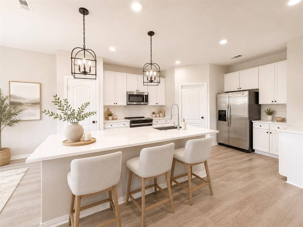 1709 Belton Drive, Prosper, TX 75078 Spacious kitchen featuring a large island with seating, stainless steel appliances, white cabinetry, and wood-finish flooring