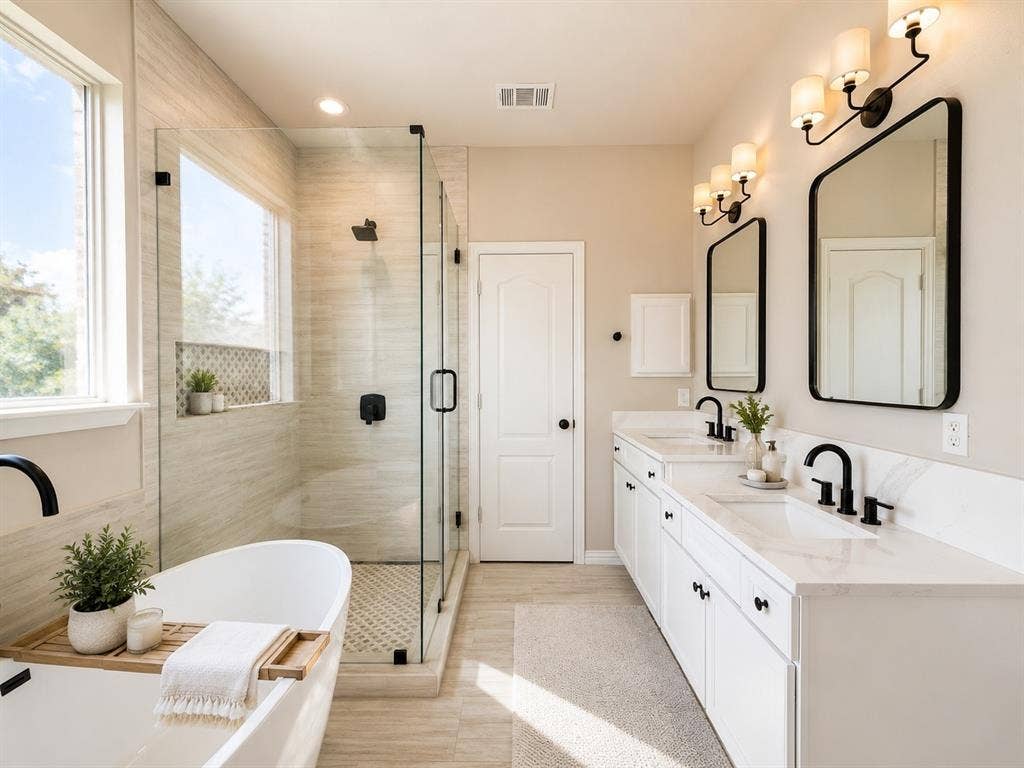 1709 Belton Drive, Prosper, TX 75078 Spacious bathroom featuring a frameless glass shower enclosure, a separate freestanding soaking tub, and a dual vanity with undermount sinks