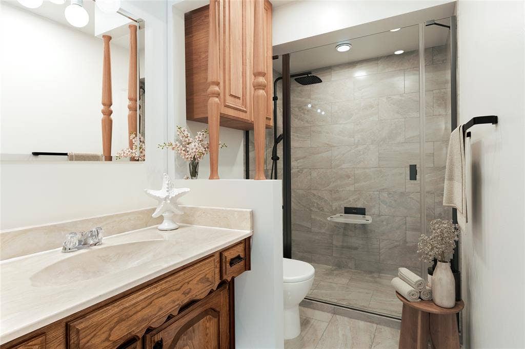 3301 Canterbury Drive, Plano, TX 75075 Rendering of guest bathroom with new shower + paint. Bath tub would be an easy add in