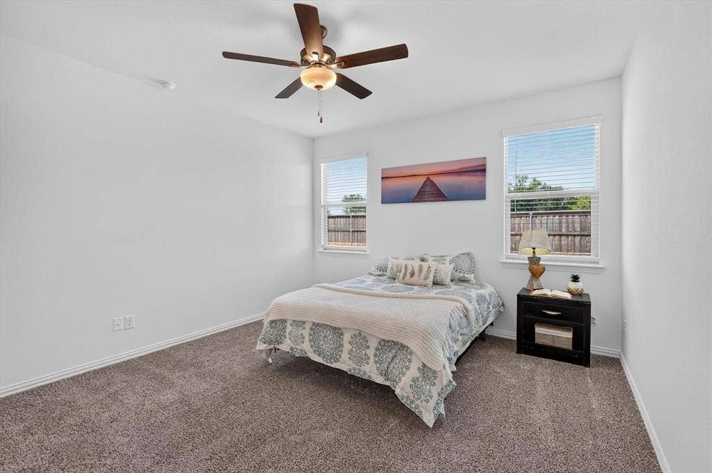 Bright bedroom featuring large windows with natural light, neutral wall finishes, and carpet flooring
