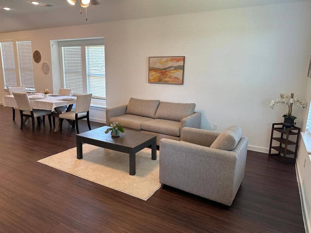 2832 Lolita Way, Forney, TX 75126 Open-concept living area with dark wood-finish flooring, recessed lighting, and a ceiling fan