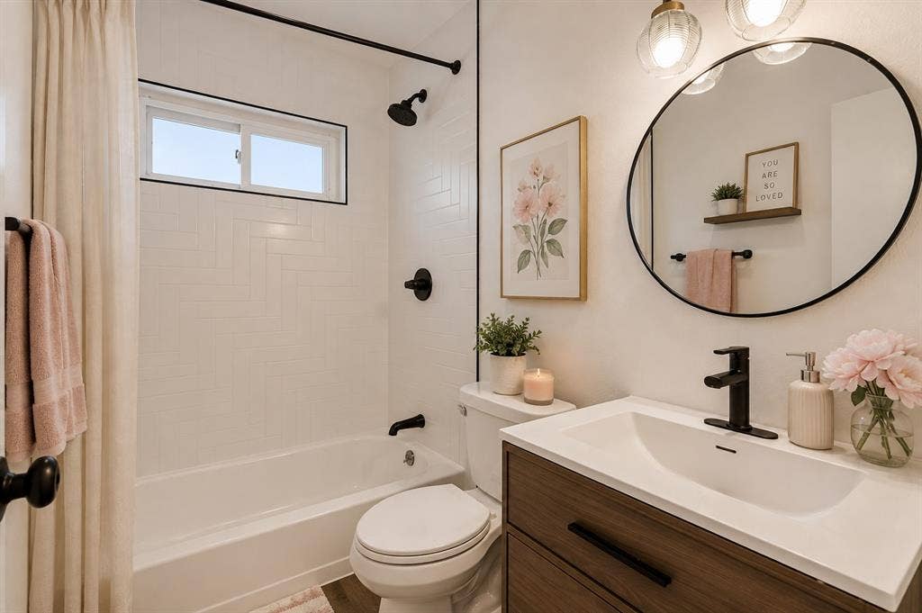 2251 Hartline Drive, Dallas, TX 75228 This beautifully updated bathroom combines timeless design with modern sophistication. Crisp white herringbone tile, matte black fixtures, and warm wood vanity create a refine contrast that feels both elegant and inviting