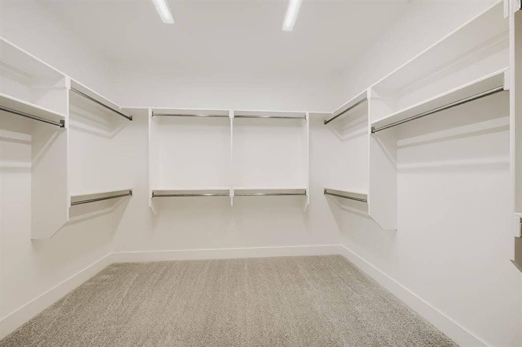 1281 White Pine Drive, Haslet, TX 76052 Recessed overhead lighting illuminating built-in white shelving, chrome hanging rods, and light gray carpeting