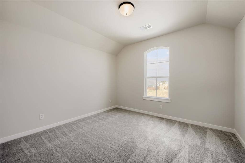 1281 White Pine Drive, Haslet, TX 76052 Arched window with gridded panes, vaulted ceiling, flush mount ceiling light, and wall-to-wall carpeting