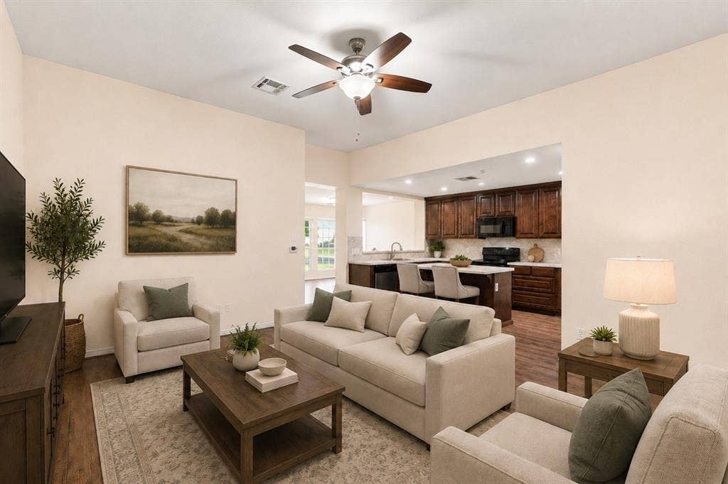 204 Raven Ridge Court, Lacy Lakeview, TX 76705 Virtual rendering. Open-concept living area with wood-finish flooring, a ceiling fan, and recessed lighting
