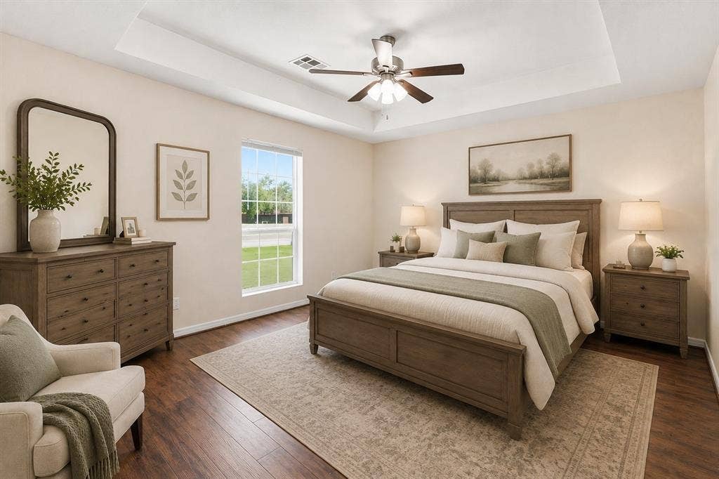 204 Raven Ridge Court, Lacy Lakeview, TX 76705 Virtual rendering. Tray ceiling with a ceiling fan, wood-finish flooring, and a large window