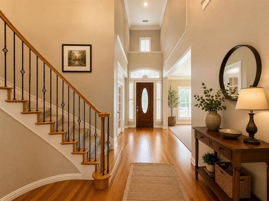 Two-story foyer featuring wood-finish flooring, a grand staircase with wrought iron balusters, a dark wood entry door with an oval glass insert, and side light windows with plantation shutters