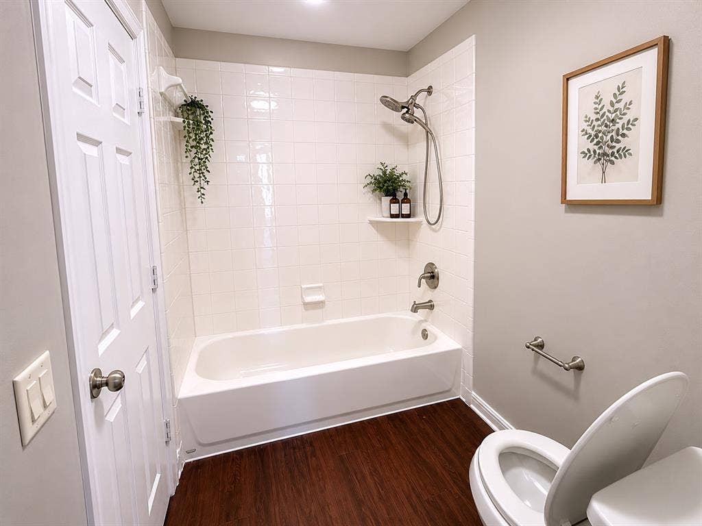 White subway tile shower surround with a built-in corner shelf and brushed nickel fixtures