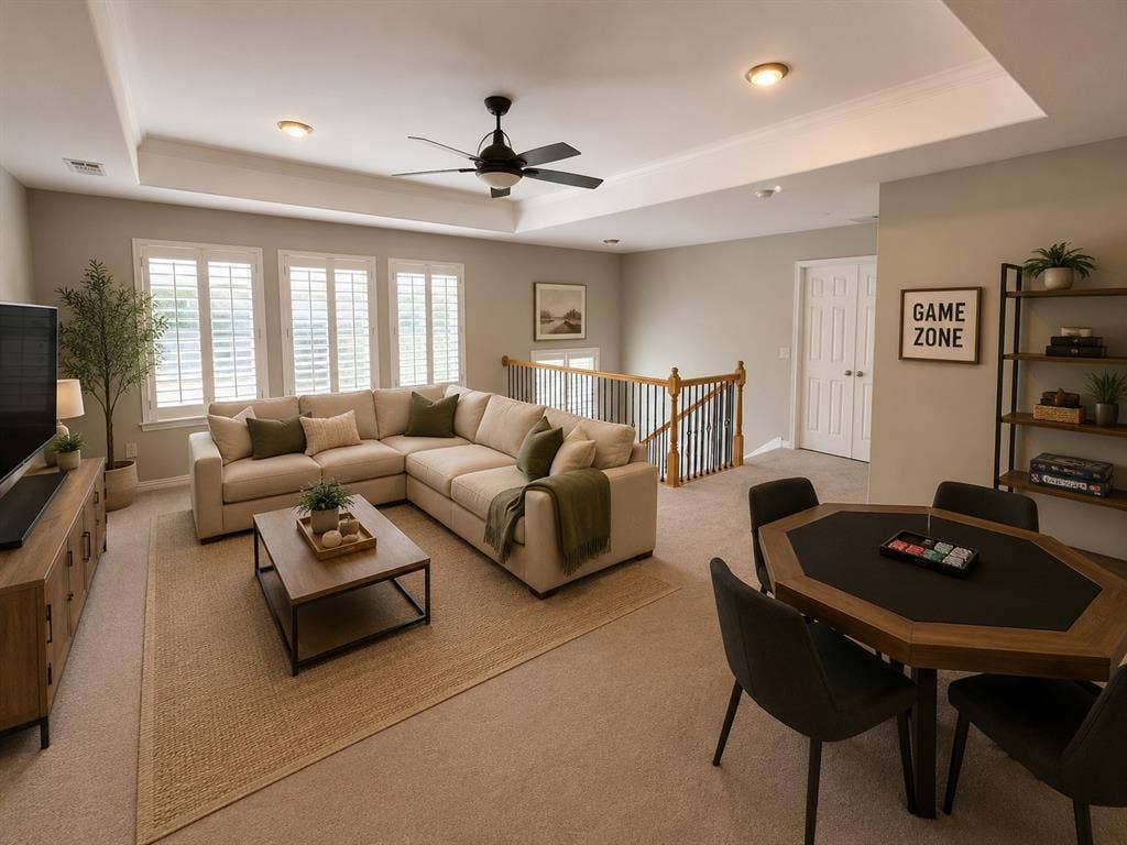 Spacious upper-level room featuring a tray ceiling, recessed lighting, and a ceiling fan