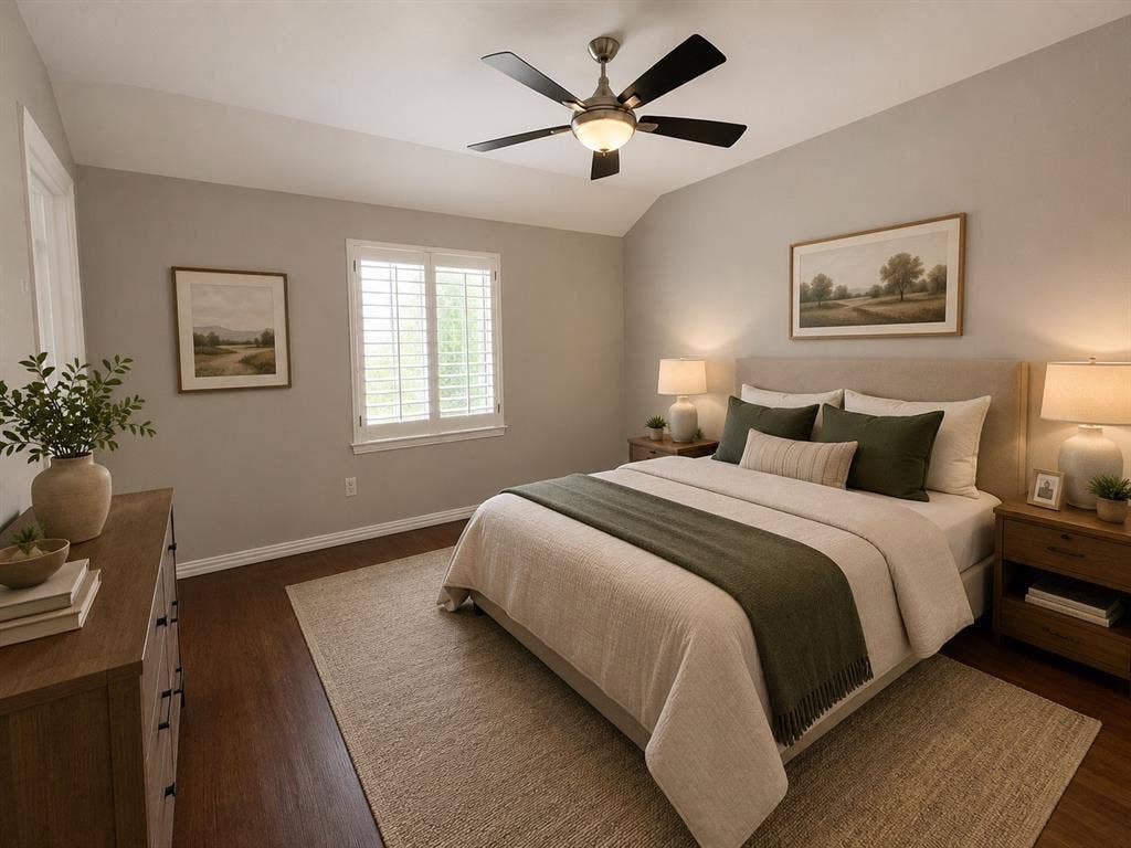 Spacious room featuring wood-finish flooring, a contemporary ceiling fan, and white plantation shutters