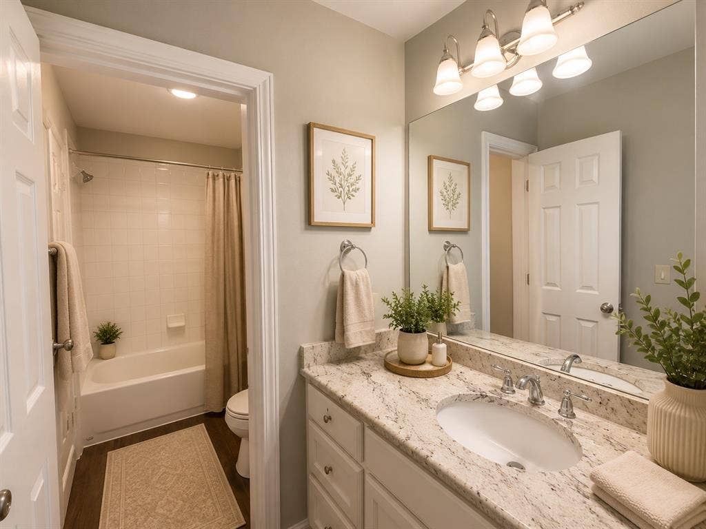 Bathroom vanity featuring an integrated oval sink and a light-toned countertop