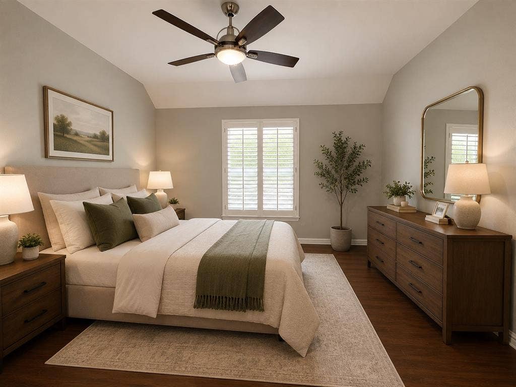 Vaulted ceiling room featuring warm wood-finish flooring
