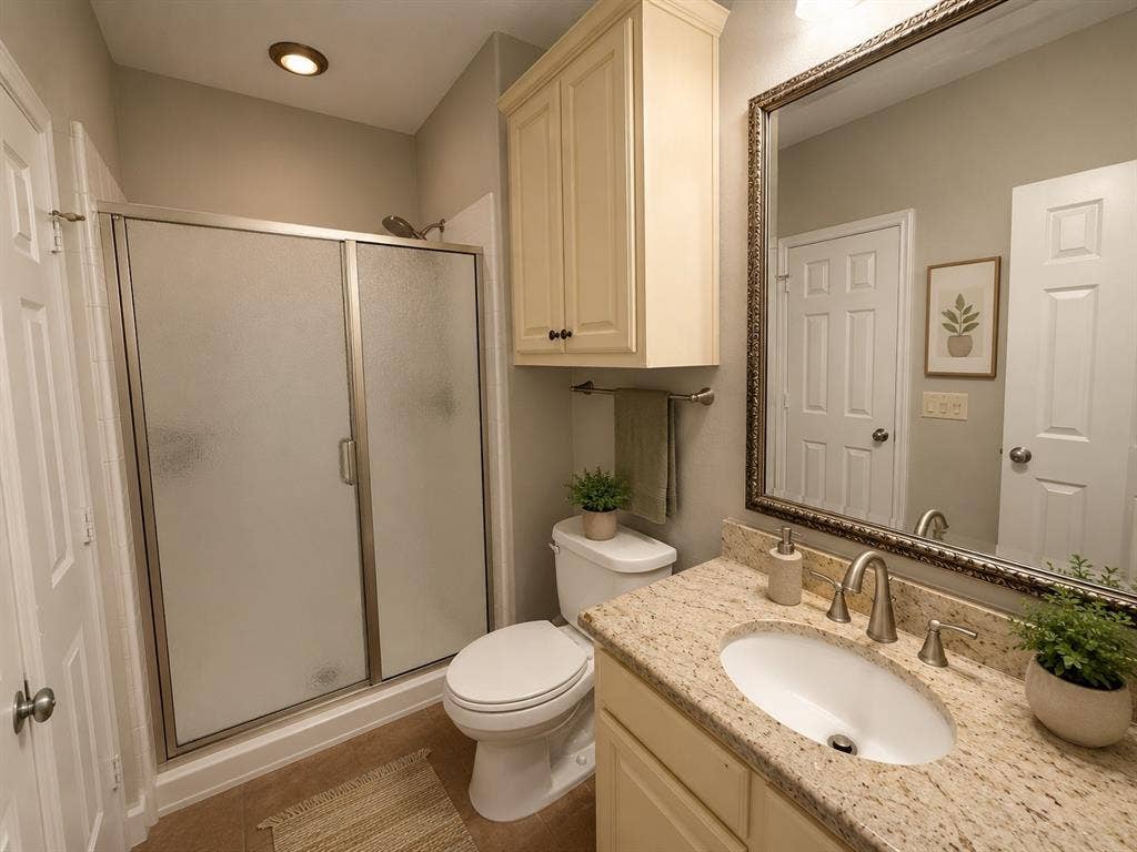 Bathroom featuring a granite-finish countertop, undermount sink, brushed nickel faucet, framed mirror, and cream-colored cabinetry