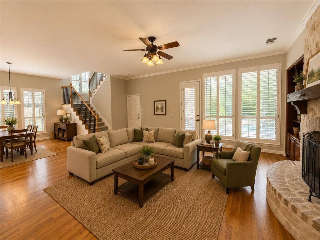 Spacious living area featuring wood-finish flooring, a stone fireplace with a substantial wood mantle, and a ceiling fan with integrated lighting