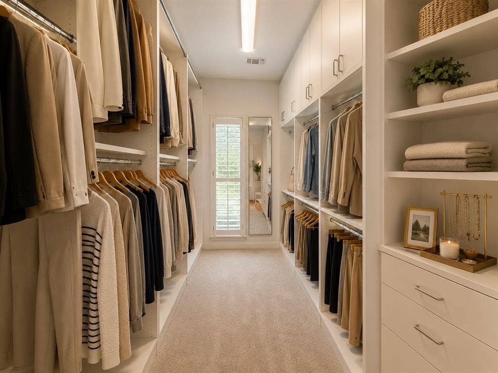 Custom walk-in closet featuring extensive built-in cabinetry, multiple hanging rods, open shelving, and integrated drawers