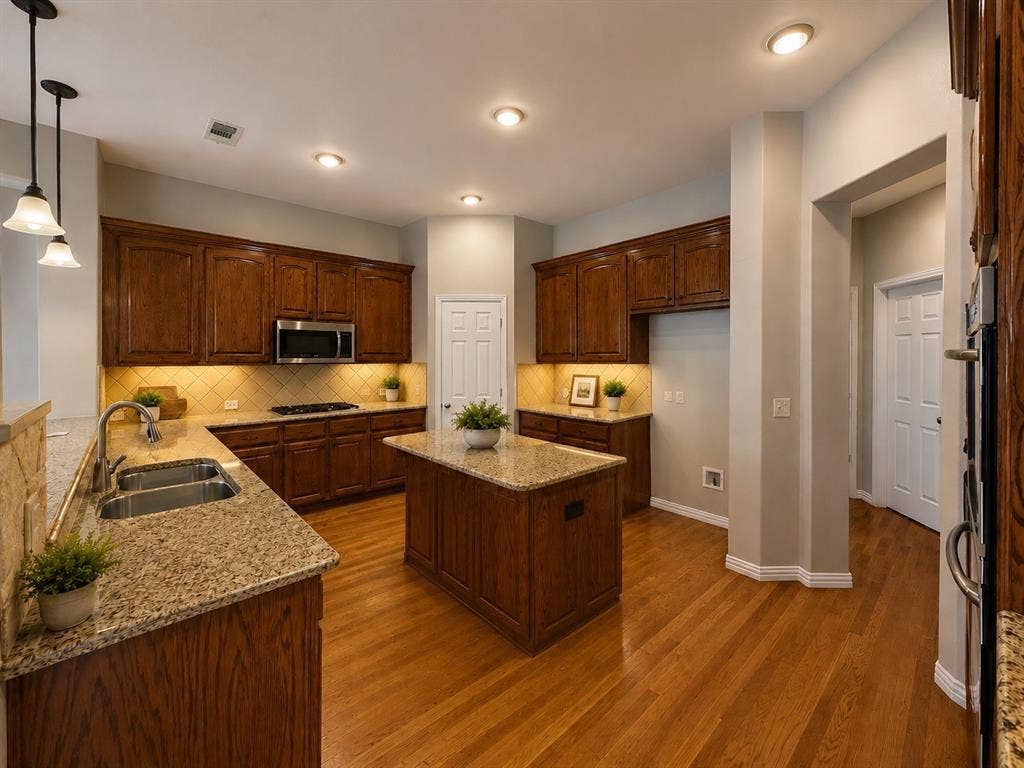 Kitchen featuring wood-finish flooring, recessed lighting, and a central island with a granite countertop