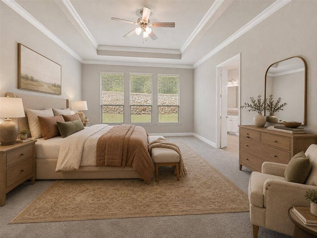 10846 Smoky Oak Trail, Argyle, TX 76226 The 1st primary bedroom is located on the first floor and has a perfect split floorplan with the other bedroom in the mother in law wing. Both feature an ensute bath. The main primary bath is huge! It features a nice tile walk in shower, a large garden soaking tub, and separte vanities as well as a gigantic walk in closet.