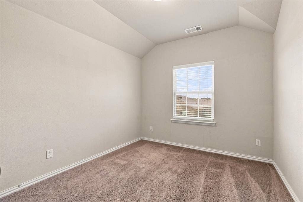 Windowed room featuring vaulted ceilings, neutral-toned walls, brown carpet flooring, and white baseboards