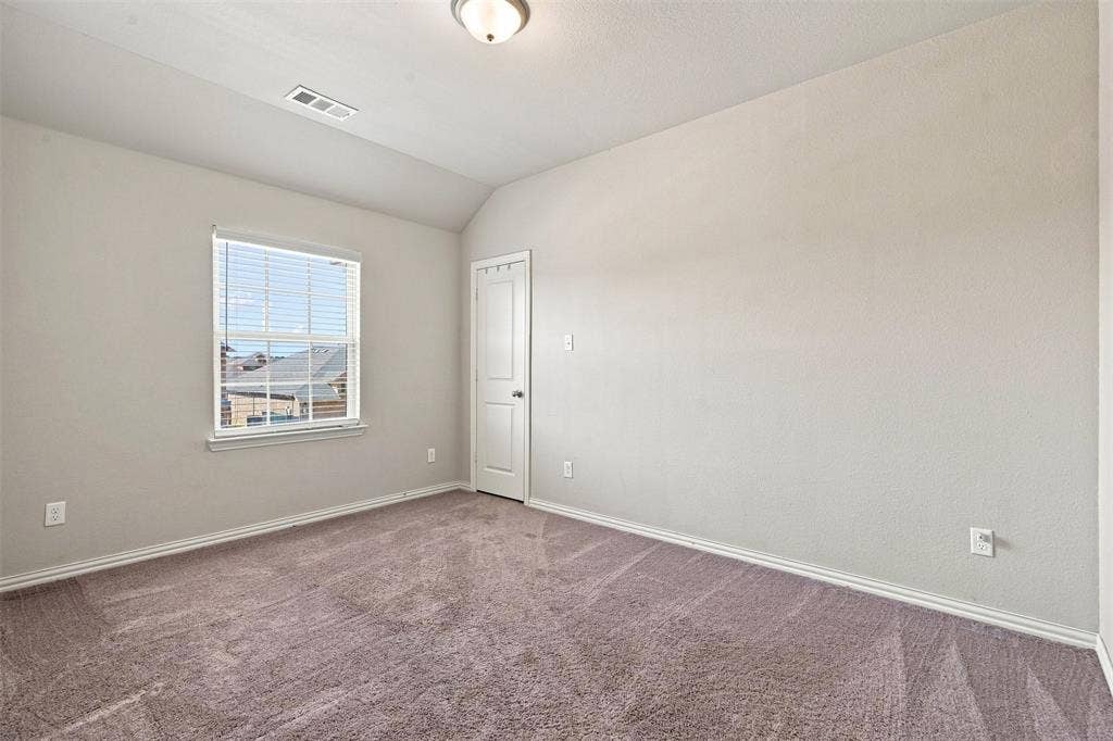 Carpeted room with a vaulted ceiling, a window featuring horizontal blinds, and a paneled door