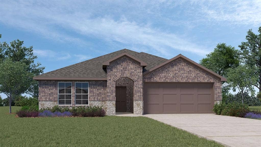 401 Banner Avenue, Royse City, TX 75189 Brick exterior with a stone accent facade, featuring an arched entryway, a two-car garage, and a concrete driveway