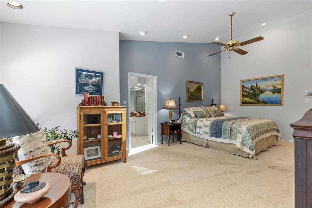6803 Fernshaw Drive, Dallas, TX 75248 Vaulted ceiling with recessed lighting, ceiling fan, and carpeted flooring