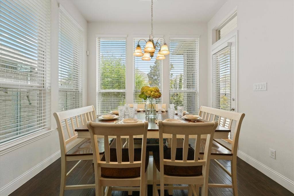 1113 5th Street, Argyle, TX 76226 Bright breakfast area with multiple windows, backyard views and direct access to the covered patio in this Harvest by Hillwood home.