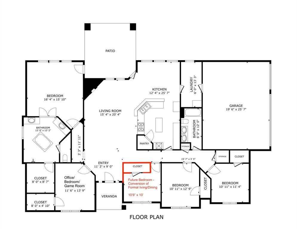 Floor plan showing conversion of Formal Living/Dining into a true 4th bedroom. Cost is about $10K to install walls, doors and new light fixture.