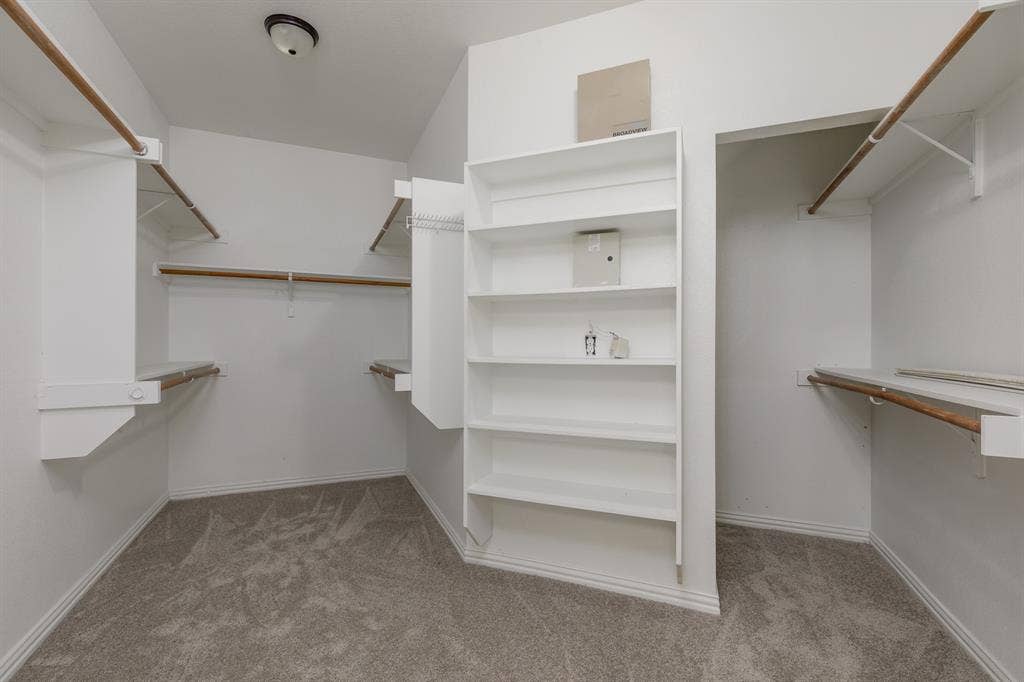 1913 Abilene Way, McKinney, TX 75072 Spacious walk-in closet featuring built-in shelving, multiple hanging rods, white walls, white trim, and neutral carpet flooring