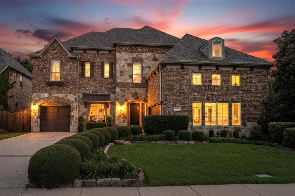 This impressive executive home, was the former Model features a gorgeous brick and stone facade, arched garage entry, large corner lot backing to a creek, and mature front landscaping with stone border.